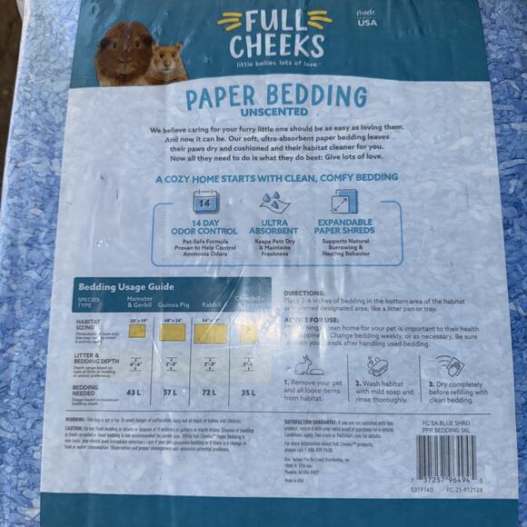 Full Cheeks Paper Bedding Unscented Low Dust Ultra Absorbent 56 Liters Odor Cont - Picture 8 of 9